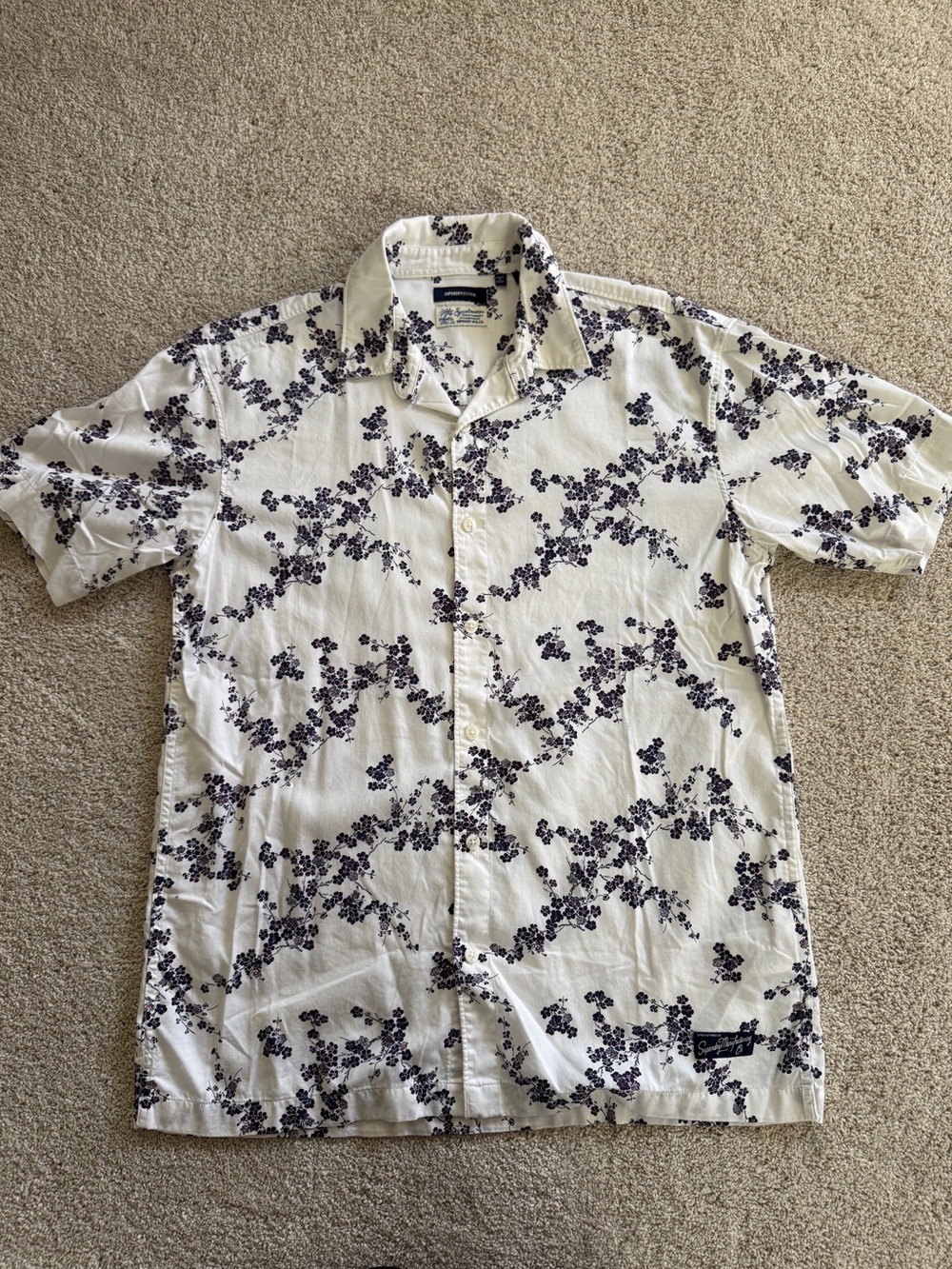 Superdry White Short-Sleeve Button-Down Shirt with Purple Floral Print